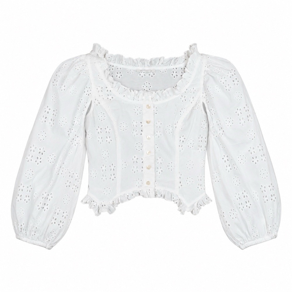 Sandy Liang Palisades Eyelet Cutout Top S White Cotton Ruffle Puff Sleeve